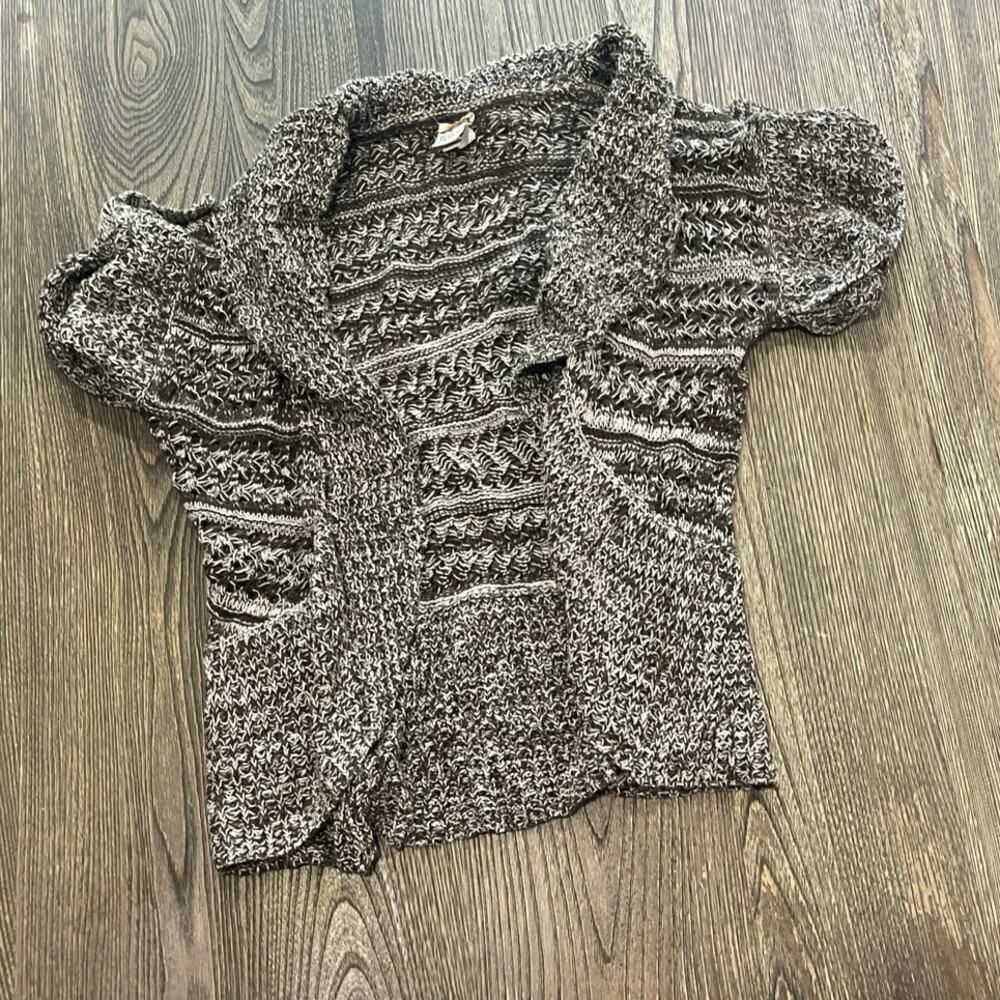 Mudd Knit Cardigan Sweater Short Sleeve Open Front Collared Black Gray Size M